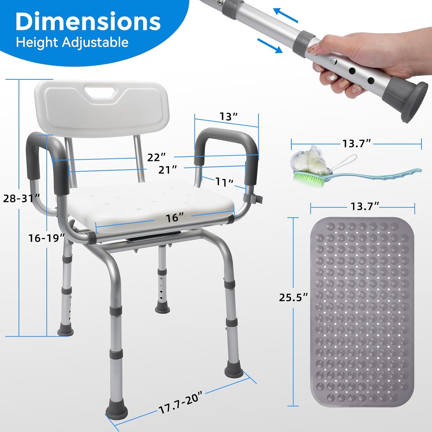 LUNYEE 360° Swivel Shower Chair for Elderly and Disabled Support 400lbs Non-Slip Sliding Shower Chair for Inside Shower with Bath Rug & Back Scrubber Bath Chairs for Seniors Tub with Arms and Back