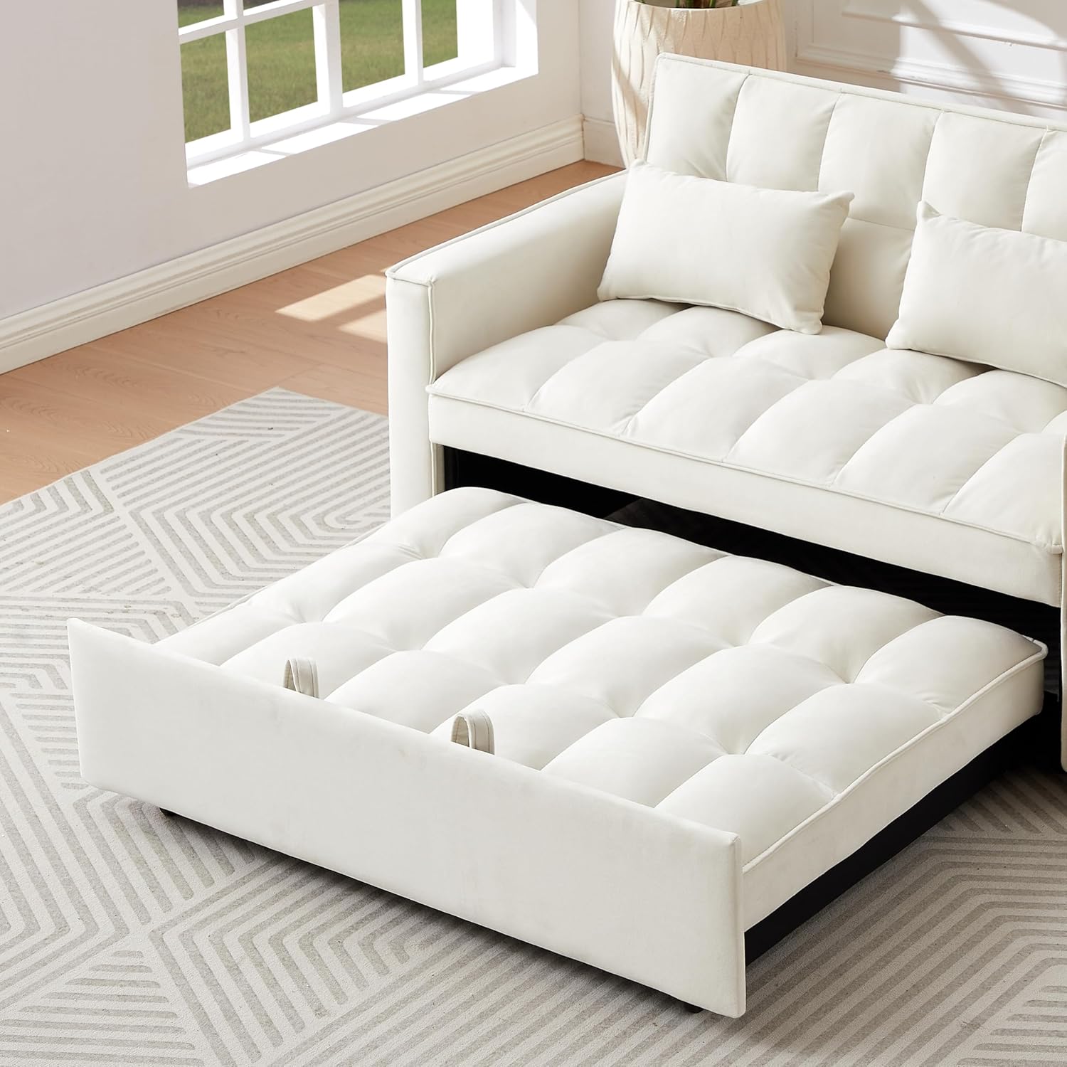 55" Convertible Loveseat Sleeper Sofa Couch Modern Velvet 2 Seater Sofa with Adjustable Backrest & Side Pocket, w/Lumbar Pillows and with Pull-Out Bed for Small Space Living Room Apartment(Ivory)