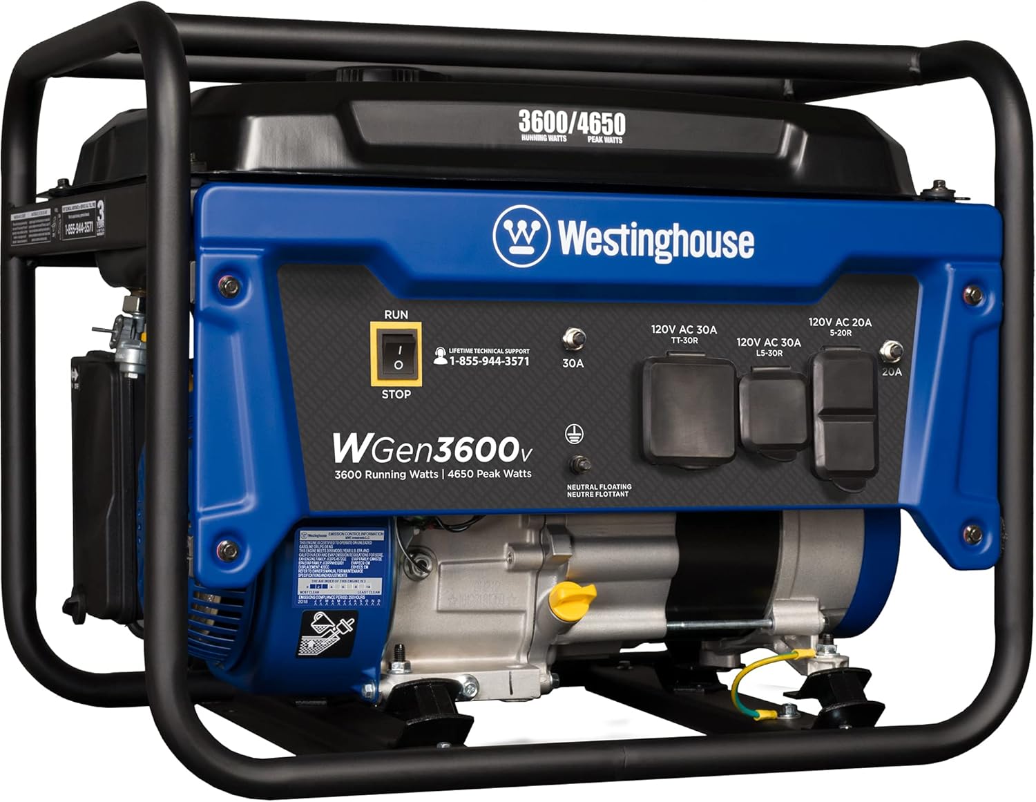 Westinghouse WGen3600 Portable Generator 3600 Rated Watts and 4650 Peak Watts, RV Ready, Gas Powered, CARB Compliant