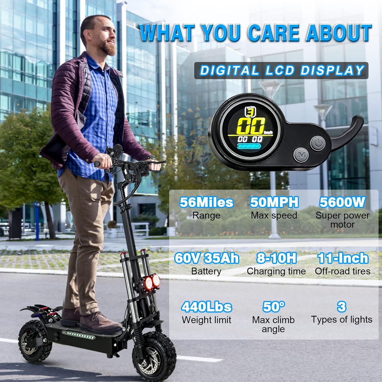 5600W Electric Scooter Adults With Seat - Offroad Electric Scooter Up to 50MPH & 60+Miles Range Fast Electric Scooters,60V 35Ah Electric Scooter for Adults Commuter Foldable Scooter with 11''Fat Tires