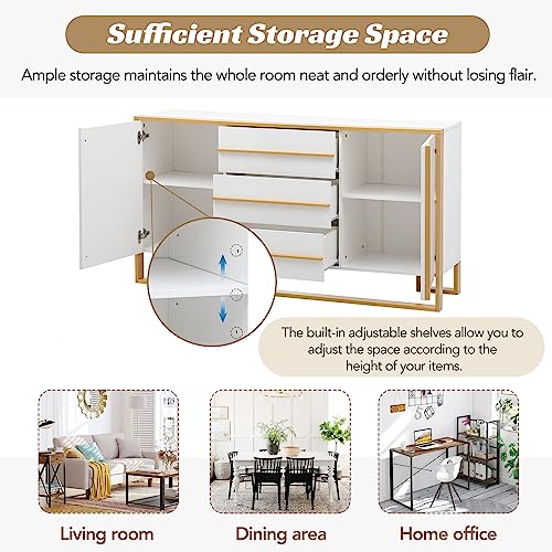 Modern Buffet Table Sideboard Cabinet Credenza, Living Room Cabinets Large Buffet Cabinet with Adjustable Shelves 3 Drawers 2 Doors for Kitchen Dining Room, White and Gold Buffet