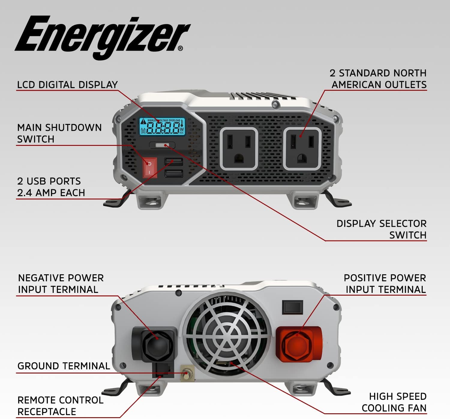 Energizer 4000 Watts Power Inverter Modified Sine Wave Car Inverter, 12V to 110 Volts, Two AC Outlets, Two USB Ports (2.4 Amp), Hardwire Kit, Battery Cables Included – ETL Approved Under UL STD 458