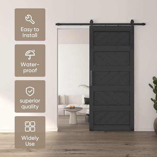 JUBEST 36" x 84" Barn Door, Slding Barn Door Kit Wave Shape Barn Door Panel with Hardware Kit Include, Easy Installation, Solid Wood, MDF & PVC Covered, Black