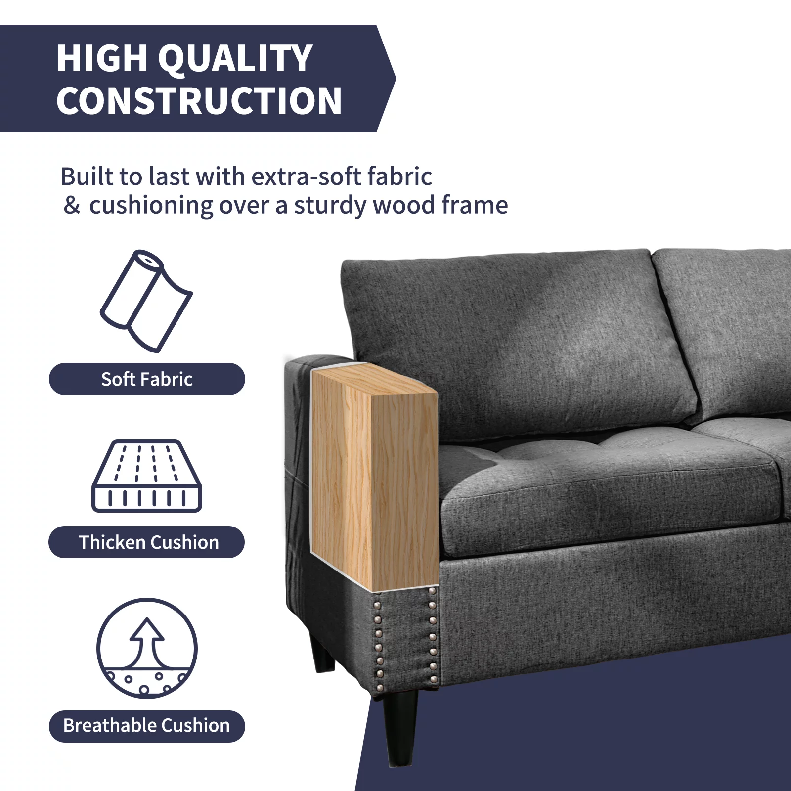 ZAFLY Reversible Sectional Couch, Set 3 Seat L Shaped Modular Sleeper Sofa Bed with Flexible Storage Ottoman Chaise, Modern Sofa Couches for Living Room/Apartment/Office - Dark Grey