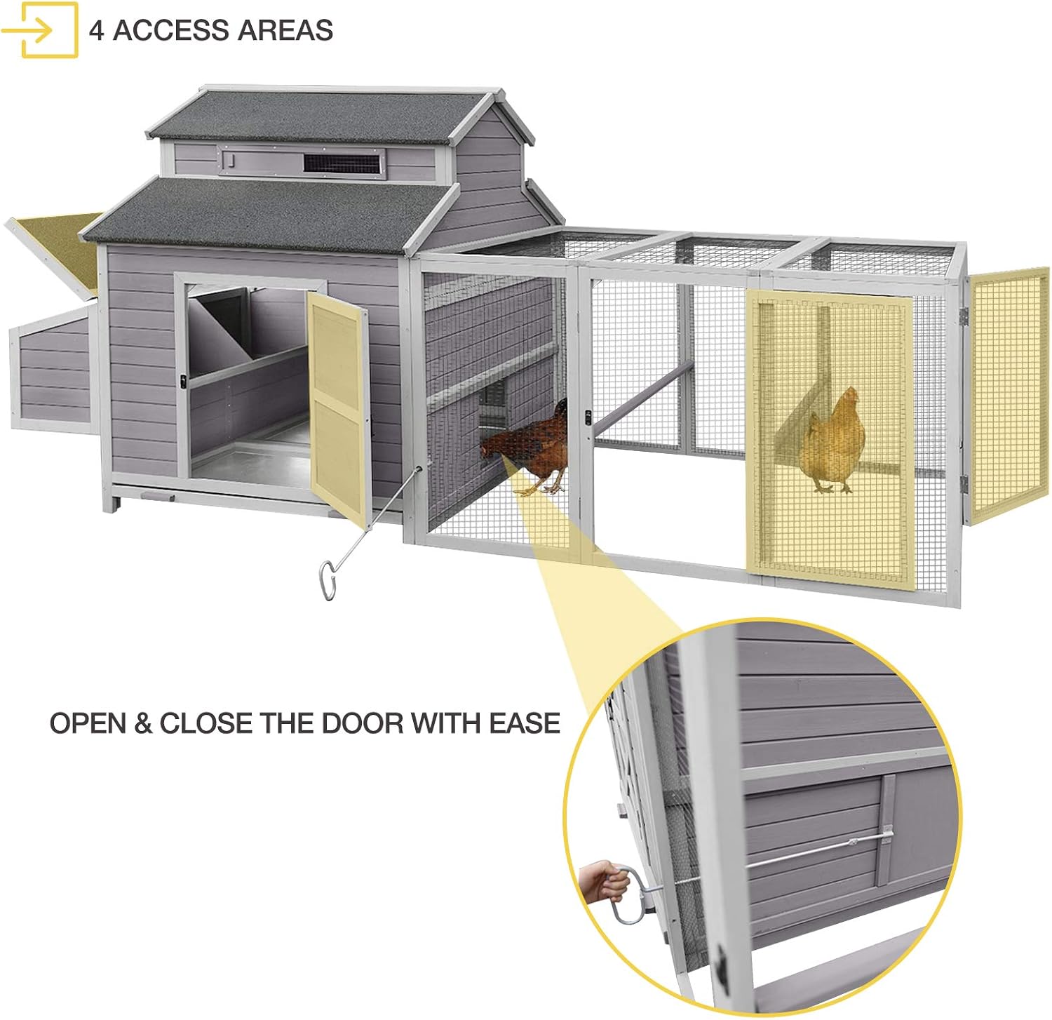 115in Chicken Coop Outdoor Large Hen House, Wooden Poultry Cage with Nesting Box, Run -4 Access Areas