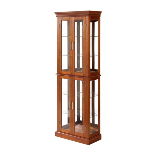Curio Cabinet Lighted with Adjustable Shelves, Wooden Floor Standing Glass Display Cabinet with Mirrored Back Panel, Curio Showcase Art Wood Storage Case with Tempered Glass Doors (Cherry)