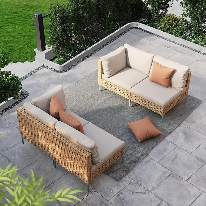 Grand Patio 7-Piece Wicker Patio Furniture Set, All-Weather Outdoor Conversation Set Sectional Sofa with Water Resistant Beige Thick Cushions and Coffee Table