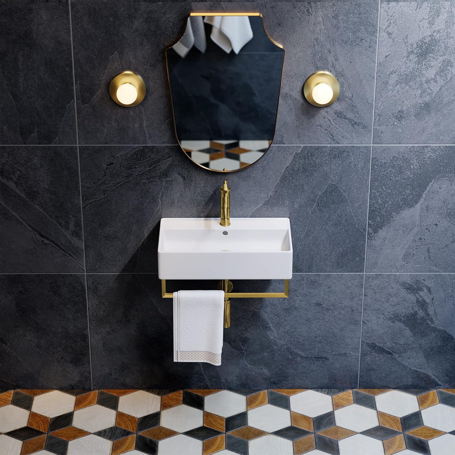 Reims 22" Wall-Mount Bathroom Sink with Brushed Gold Towel Bar