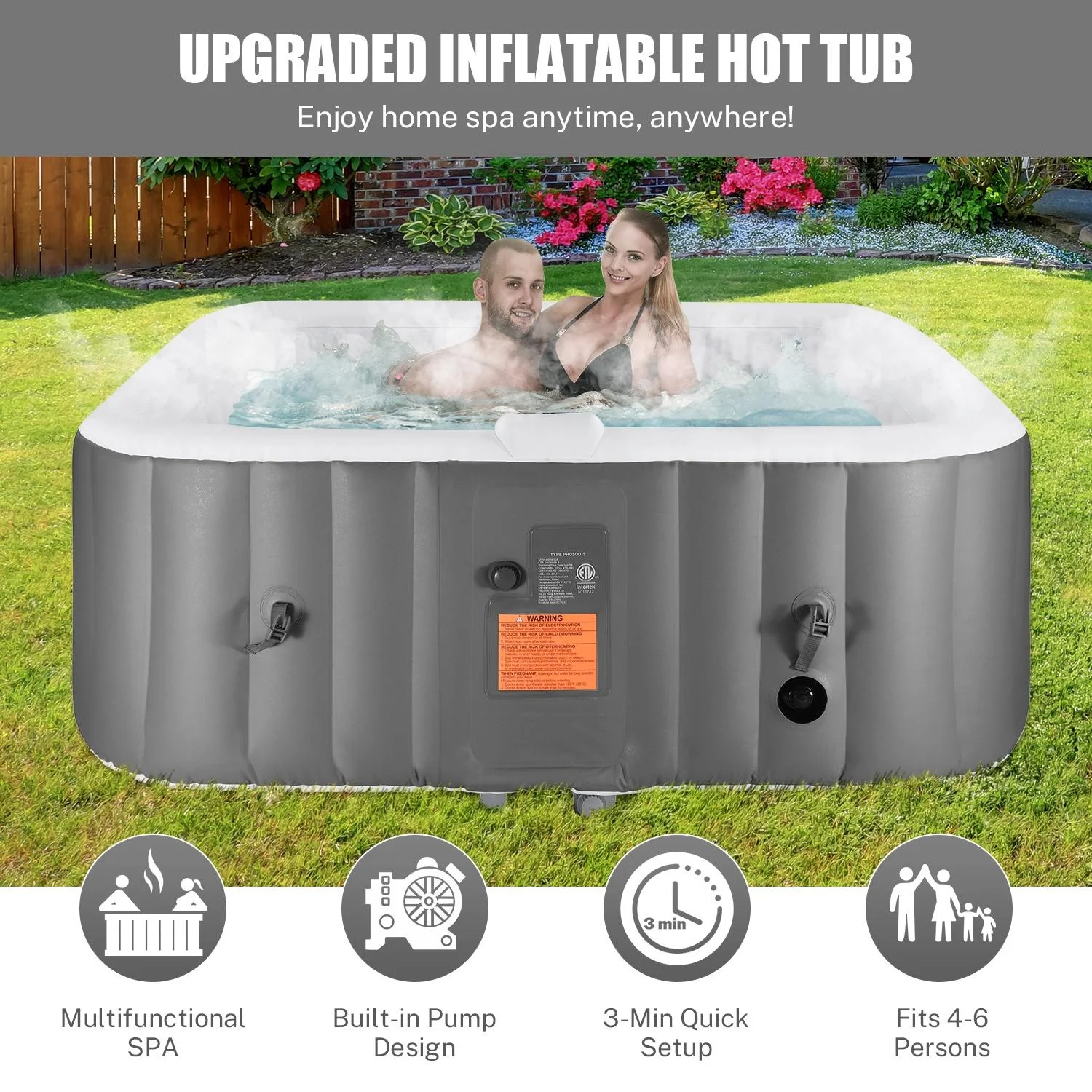 Upgraded Inflatable Hot Tub, Seizeen 6 Person Hot Tub with Hidden Pump, Portable Spa Tub Outdoor Indoor Use w/130pcs Jet, Lockable Cover, Storage Bag, Cover, 240gal