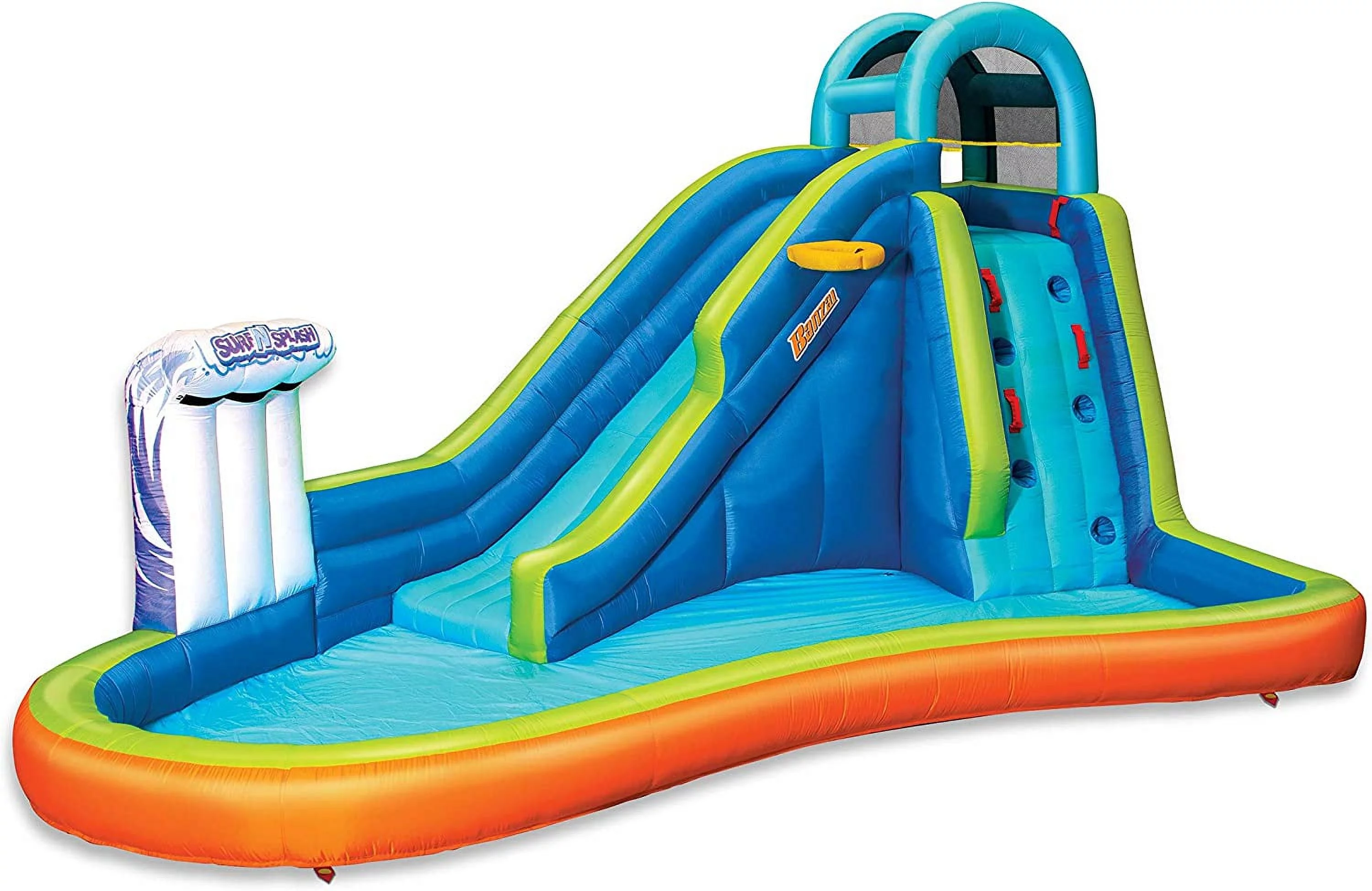 Inflatable Giant Water Slide - Huge Kids Pool (14 Feet Long by 8 Feet High) with Built in Sprinkler Wave and Basketball Hoop - Heavy Duty Outdoor Surf N Splash Adventure Park - Blower Included