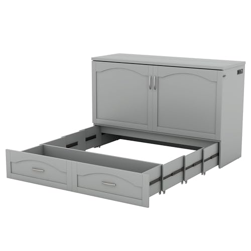 Convertible Murphy Bed 2-In-1 Wall Bed Solid Wood Murphy Cube Bed w/Drawer&Sockets/USB Ports for Teen Adult, Folding Storage Chest Bed Platform Bed Frame w/Headboard for Home Office Dorm (Queen,Grey)