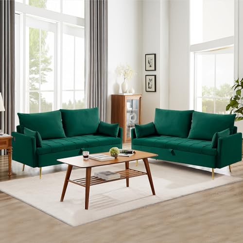 60'' Loveseat Sofa Couch with Storage, Modern Loveseat Couch with 4 Pillows & Metal Legs, 2 Seater Sofa with USB & Type C for Living Room,Bedroom, Apartment(Grey-Blue)