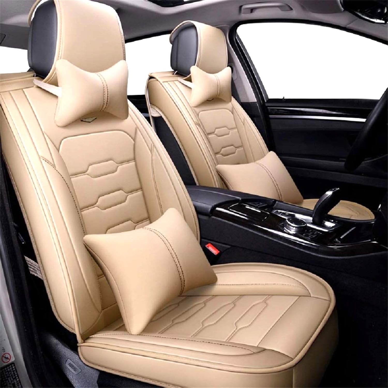 Car Seat Protector Full Set 5 Seats Fashion Style Leather Fully Surrounded Car Seat Cover Universal Fit (Begie)