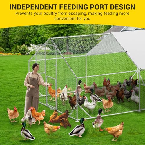Large Metal Chicken Coop, Walk-in Poultry Cage, Chicken Run Pen House with Reinforcement & Waterproof & Anti-Ultraviolet Cover Chicken Coop Run with Lockable Doors for Outdoor 9.8 x 13.1 x 6.6ft