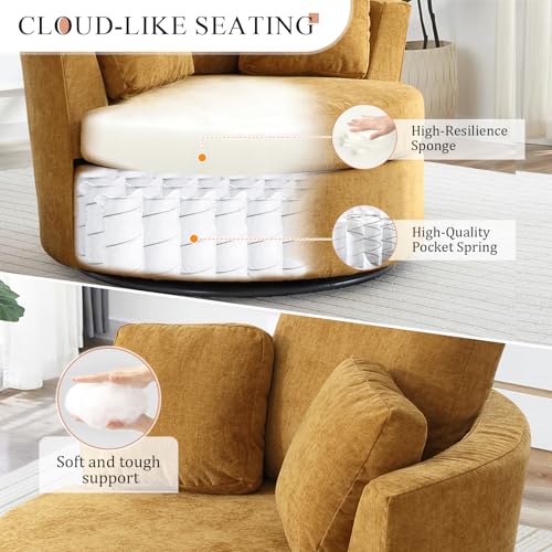 Chair and A Half with Ottoman, 360° Swivel Accent Barrel Chair Modern Comfy Round Reading Sofa Swivel Chairs Circle Lounge Chair for Bedroom Living Room w/4 Pillow Lower Seating Heigh (White, Large)