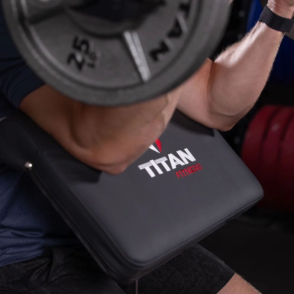 Titan Fitness Adjustable Arm Preacher Curl Weight Station, Seated Strength Training Fitness Bench, Rated 250 LB, Isolated Barbell Dumbbell Bicep Tricep Muscle Home Gym Fitness Equipment