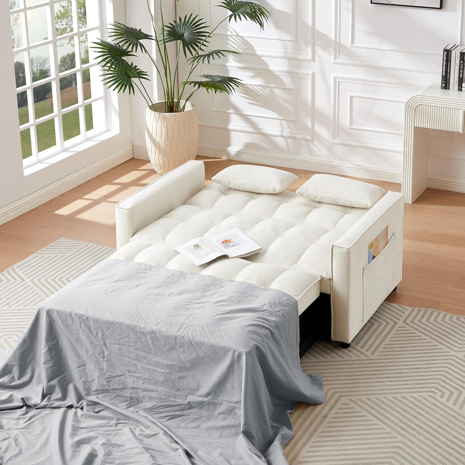 55" Convertible Loveseat Sleeper Sofa Couch Modern Velvet 2 Seater Sofa with Adjustable Backrest & Side Pocket, w/Lumbar Pillows and with Pull-Out Bed for Small Space Living Room Apartment(Ivory)