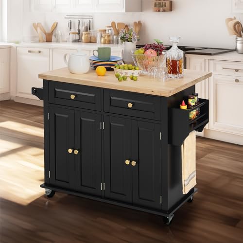 Finnhomy Rolling Kitchen Island With Drop Leaf, Thicken Rubberwood Top, Spice Rack, Towel Rack, Drawer, 43.3" Portable Mobile Kitchen Island Carts Table, Storage Cabinet, Both Wheels and Feet Included