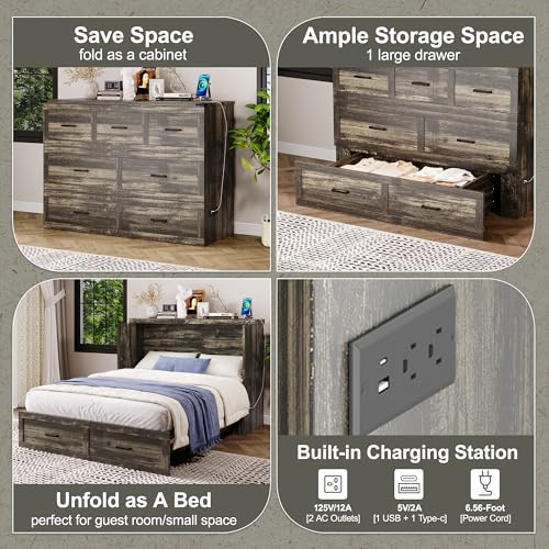 Bellemave Queen Murphy Bed, Cabinet Bed with Charging Station and Storage, Farmhouse Murphy Cabinet with Foldable Panel, Noisy Free, for Guest Bedroom, Living Room, Office, Rustic Gray