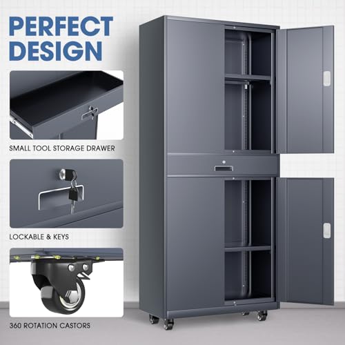 DNA MOTORING 71'' Metal Storage Cabinet, Locking Tool Cabinet with 1 Drawer and Adjustable Shelves, Lockable Heavy Duty Metal Locker for Garage,Office,Home,Gym, Gray, TOOLS-00629-GY-GY-A