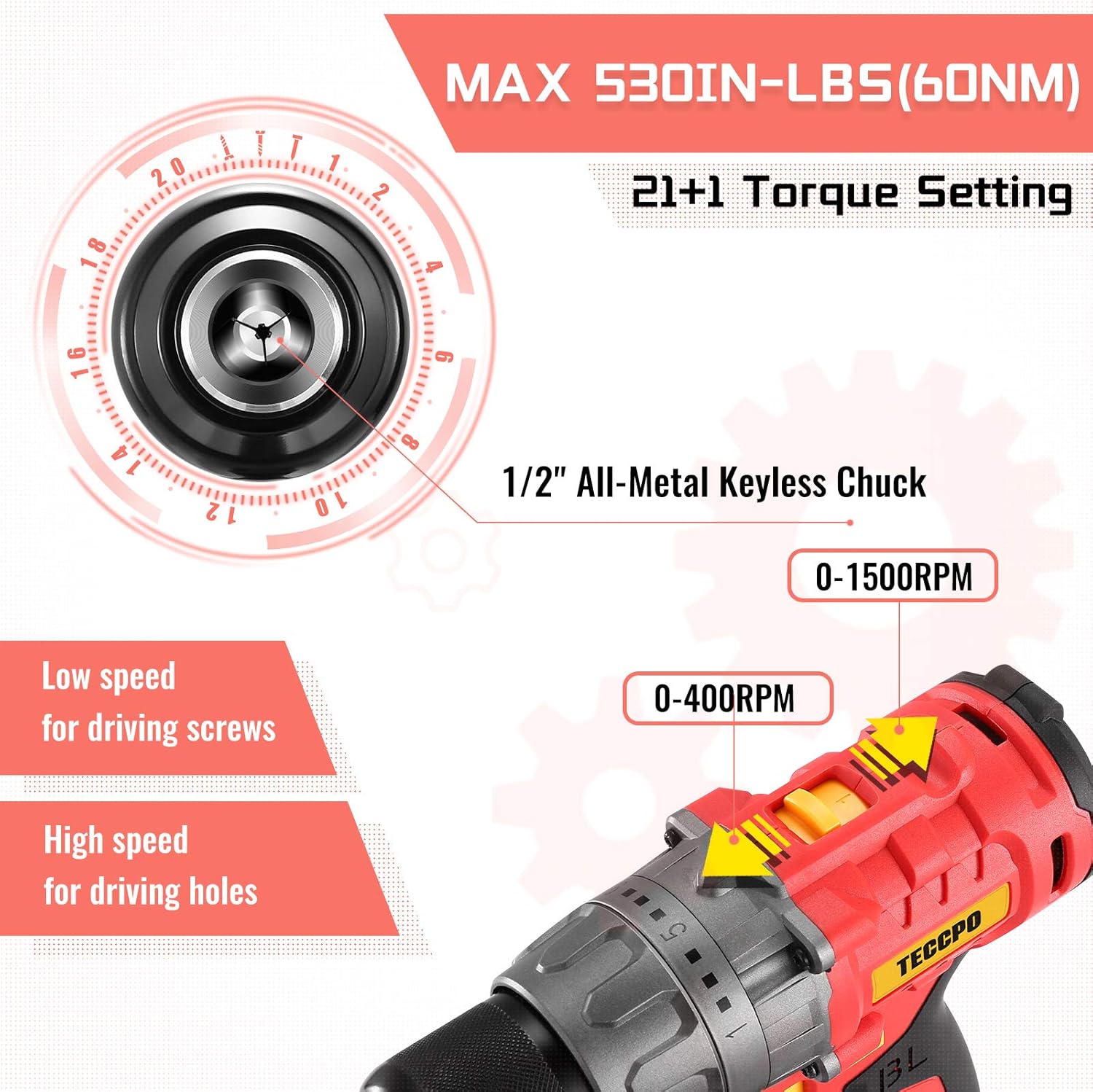 TECCPO Cordless Drill, 20V Drill Set Power Drill, Brushless Drill Driver with 2 Batteries, 530 In-lbs, 1/2All-Metal Chuck, 21+1 Torque Settings, 0-1500RPM Variable Speed, 33pcs Accessories with Case