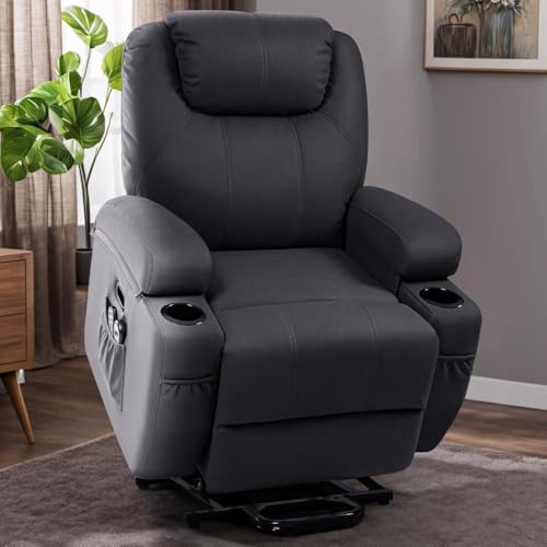 Flamaker Power Lift Recliner Chair PU Leather with Massage for Elderly Ergonomic Lounge Chair Classic Single Sofa with 2 Cup Holders Side Pockets Home Theater Seat (Leather, Light Black)