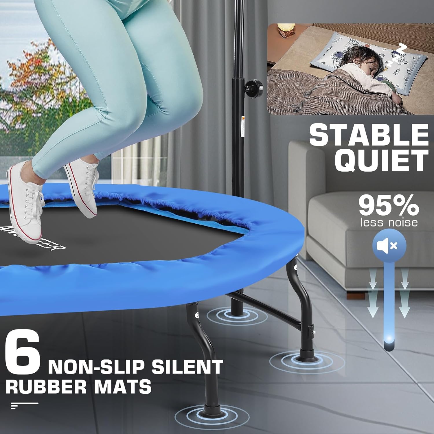 ANCHEER 40/50" Foldable Mini Trampoline Max Load 450/550lbs, Fitness Trampoline with Bungees, Adjustable Foam Handle, Indoor Exercise Trampoline for Adults Inoor/Garden Workout