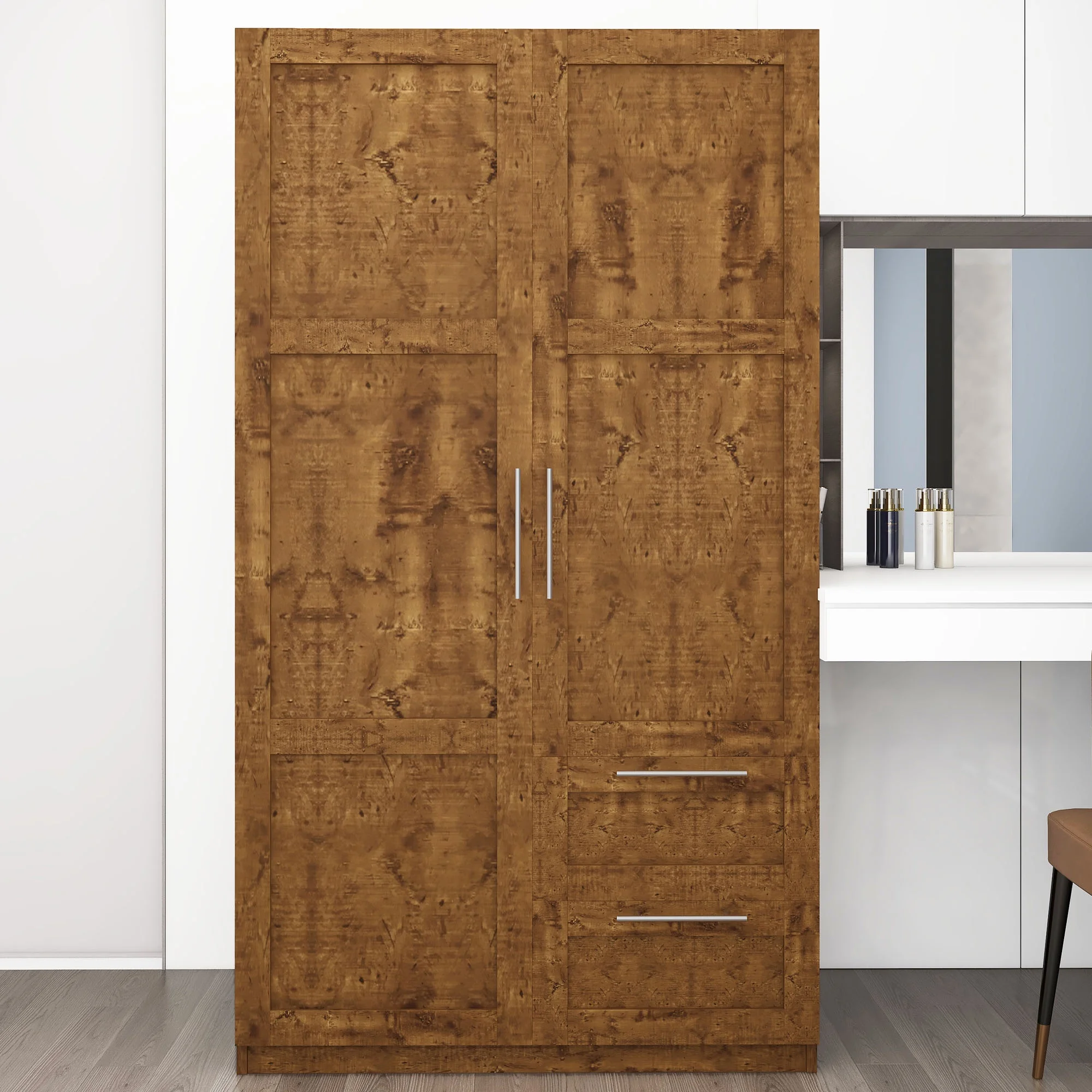 HIUU Double Wardrobe Cabinets,Wood Armoire with Drawers and Shelves for Living Room,Wood Armoire Wardrobe with Hanging Rod,Retro Brown
