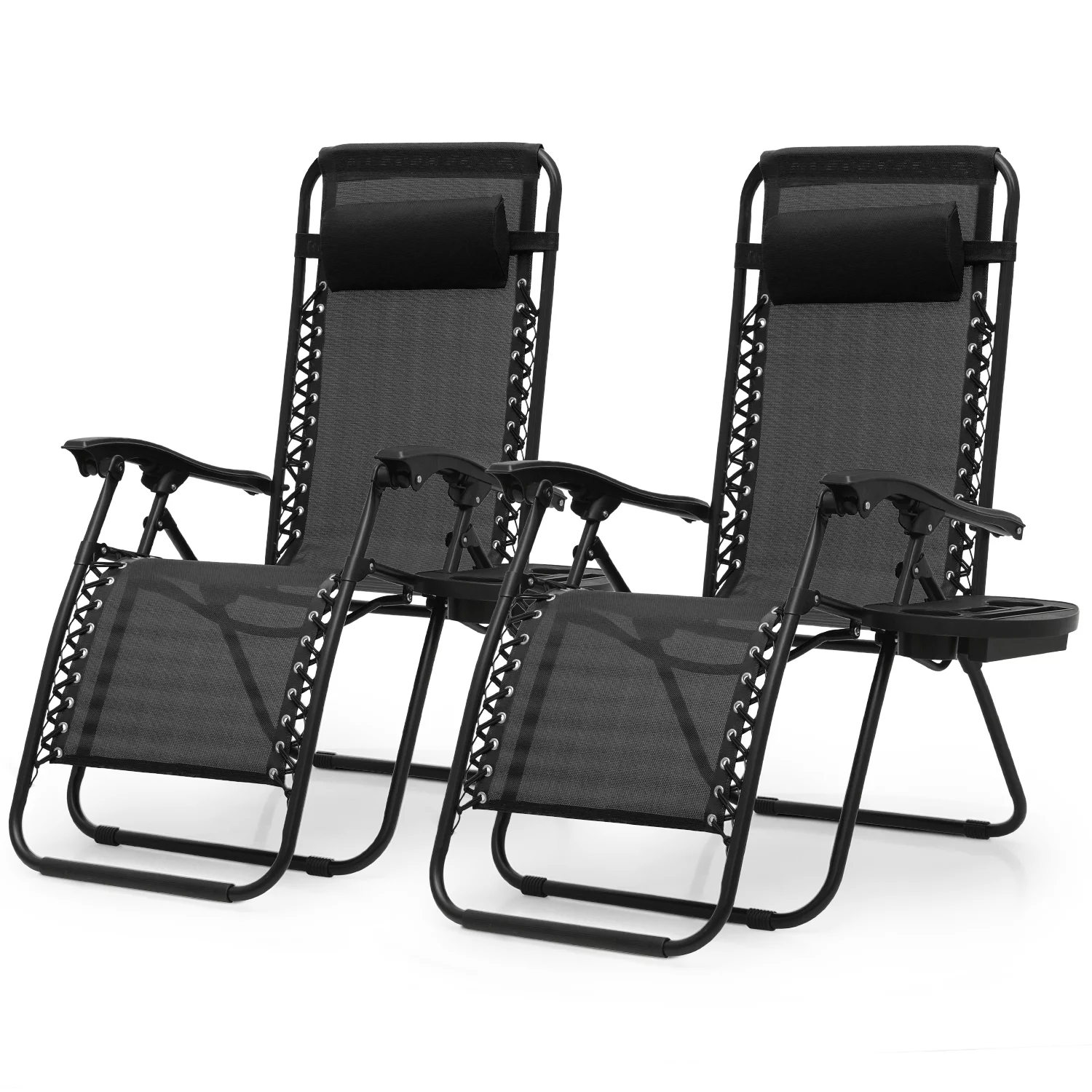 MoNiBloom Patio Zero Gravity Chair Set of 2, Folding Adjustable Reclining Beach Lawn Lounger with Pillow and Cup Holder, Black