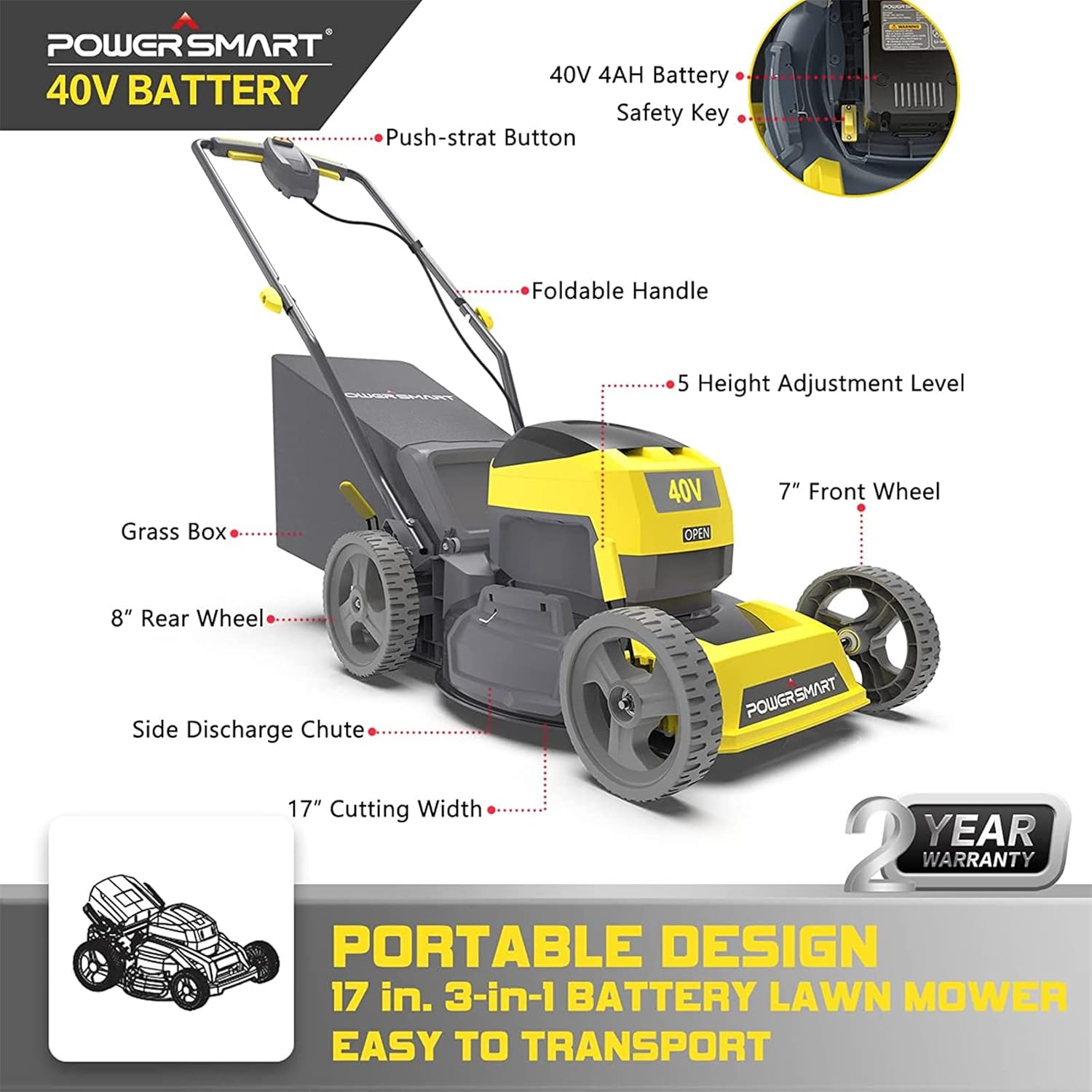 PowerSmart Cordless Lawn Mower 17 Inch 3-in-1 with 40V 4.0Ah Lithium-ion Battery and Charger