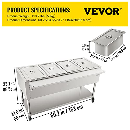 VEVOR Commercial Electric Food Warmer, 2-Pot Steam Table Food Warmer 0-100℃ w/ 2 Lockable Wheels, Professional Stainless Steel Material for Catering and Restaurants