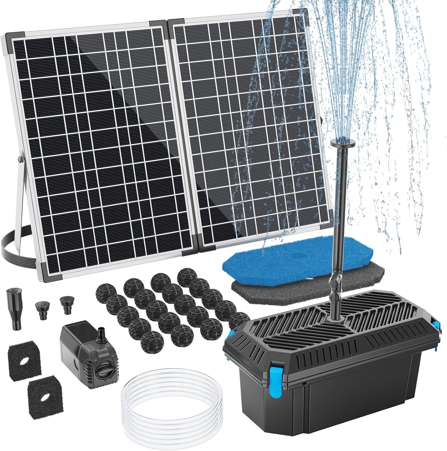 Antfraer Solar Pond Filter with Water Pump, 35W Solar Water Pump with Pond Filter Kit, Solar Pond Filter Box, 6.6FT Clear Tubing for Outdoor Pond Garden Fountain Waterfall Water Feature
