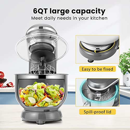 VIVOHOME Stand Mixer, 650W 6 Speed 6 Quart Tilt-Head Kitchen Electric Food Mixer with Beater, Dough Hook and Wire Whip, ETL Listed