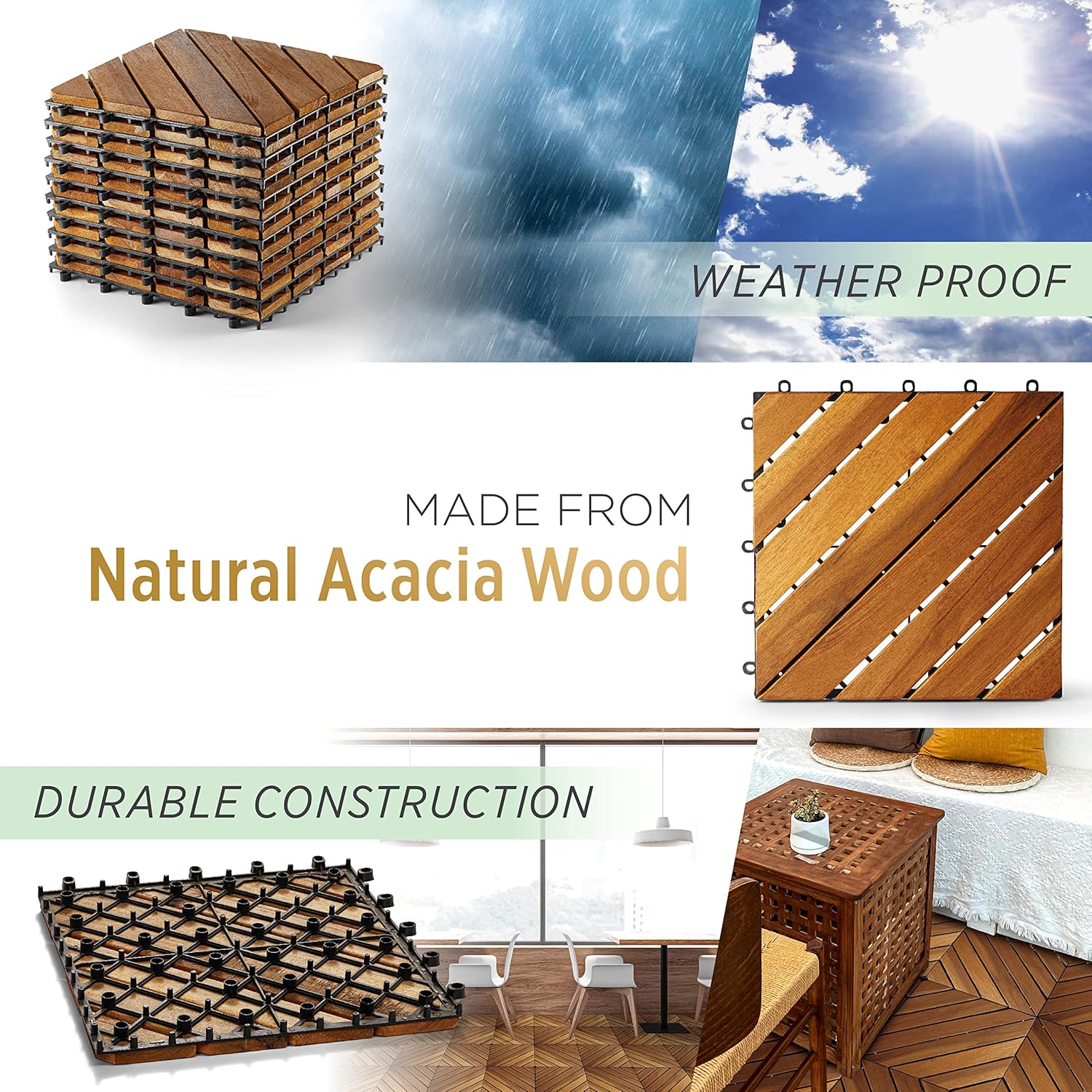 Wood Interlocking Flooring Tiles (Pack of 10, 12" x 12"), Solid Wood Acacia Deck Tiles Interlocking Outdoor, Patio Tiles Outdoor Interlocking Waterproof All Weather (8 Slat)