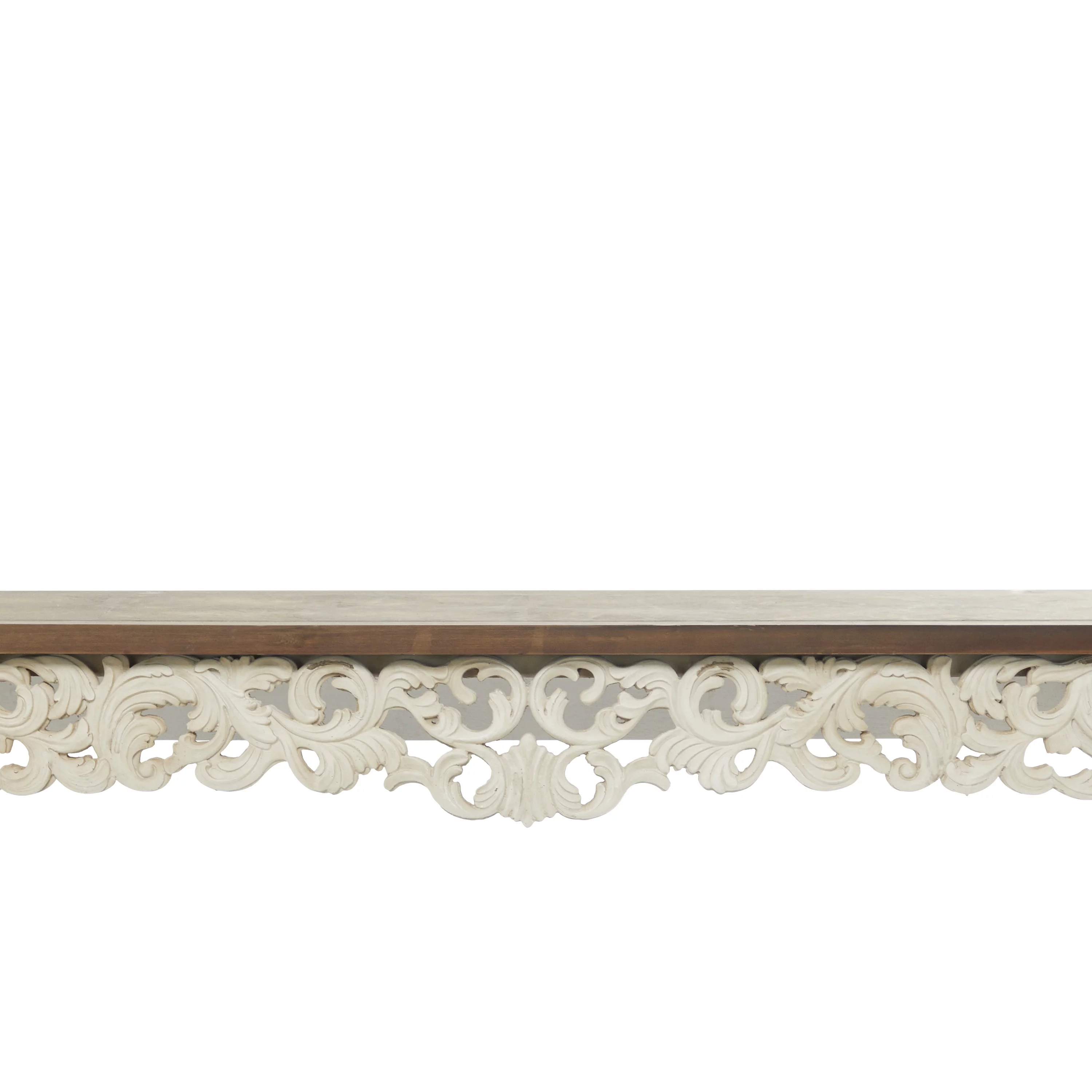 DecMode 46" x 30" White Wood Intricately Carved Floral Console Table with Brown Wood Top, 1-Piece
