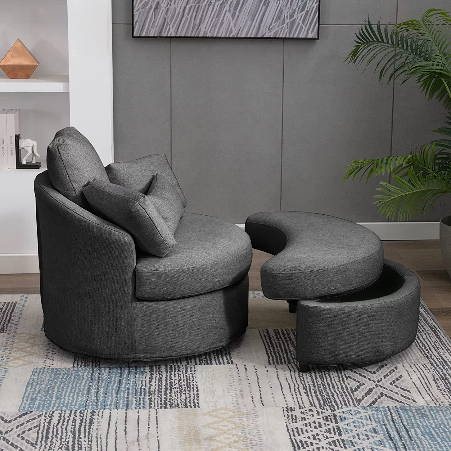 BALUS Modern Swivel Accent Barrel Sofa Chair, with Half Moon Storage Ottoman, Linen Fabric Leisure Round Chair,Sofa Lounge Chair with 3 Throw Pillow for Living Room Hotel/Club (Dark Grey)