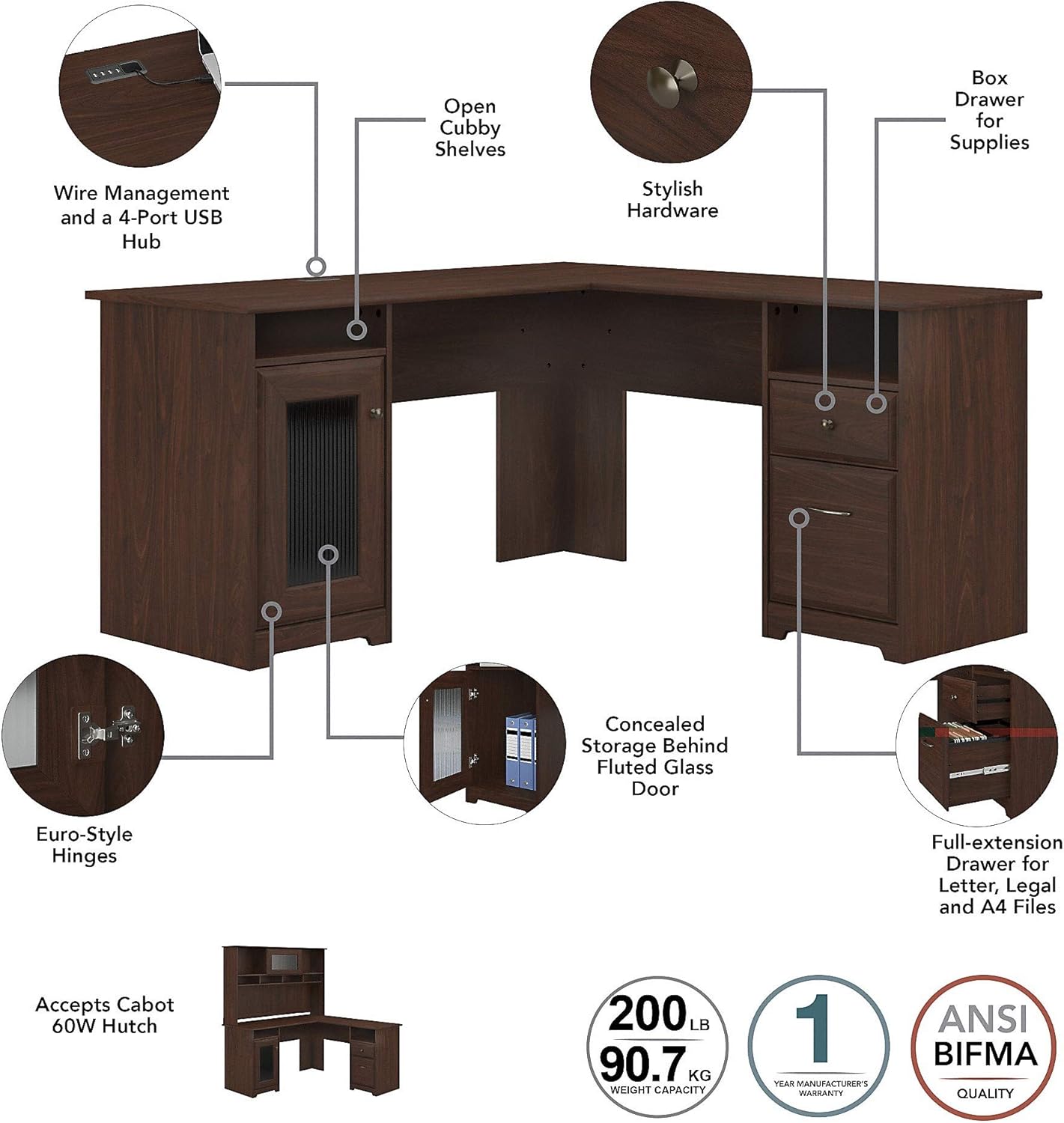 Bush Furniture Cabot L Shape Desk with Hutch, Modern Walnut