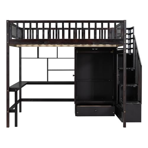 Full Size Loft Bed with Wardrobe Desk Storage Stairs, Wood Loft Bed Frame with Bookcase and Drawers, High Loft Bedframe for Kids Teens Adults, No Box Spring Needed, Espresso