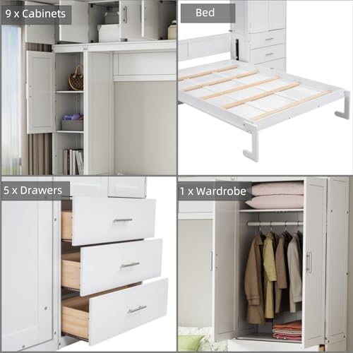 Merax Full Size Murphy Bed Cabinet with Lockers and Storage Wardrobes Shelves, Wood Foldable Hidden Wall Platform Bedframe Chest for Home, Bedroom, Office, Small Room, Apartment