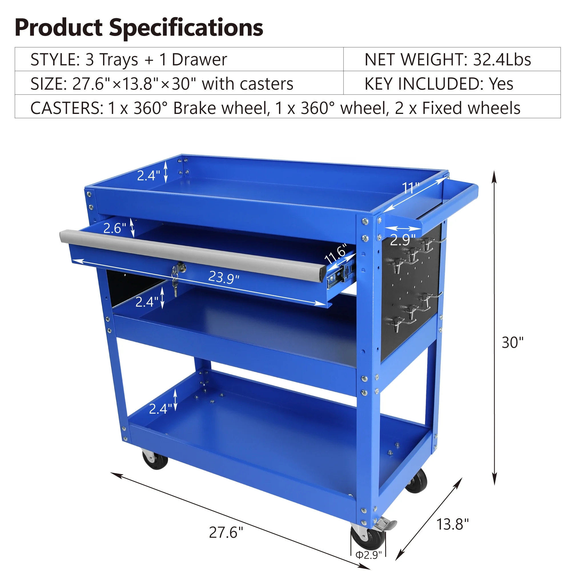 Rolling Tool Cart with Drawer, Seizeen Heavy Duty Utility Cart on Wheels, Garage Workshop Tool Organizer, 3 Tray, 1 Lockable Drawer, 6 Side Hooks