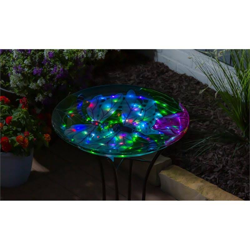 Dragonfly Duo Solar Hand Painted Embossed Glass Bird Bath with Stand