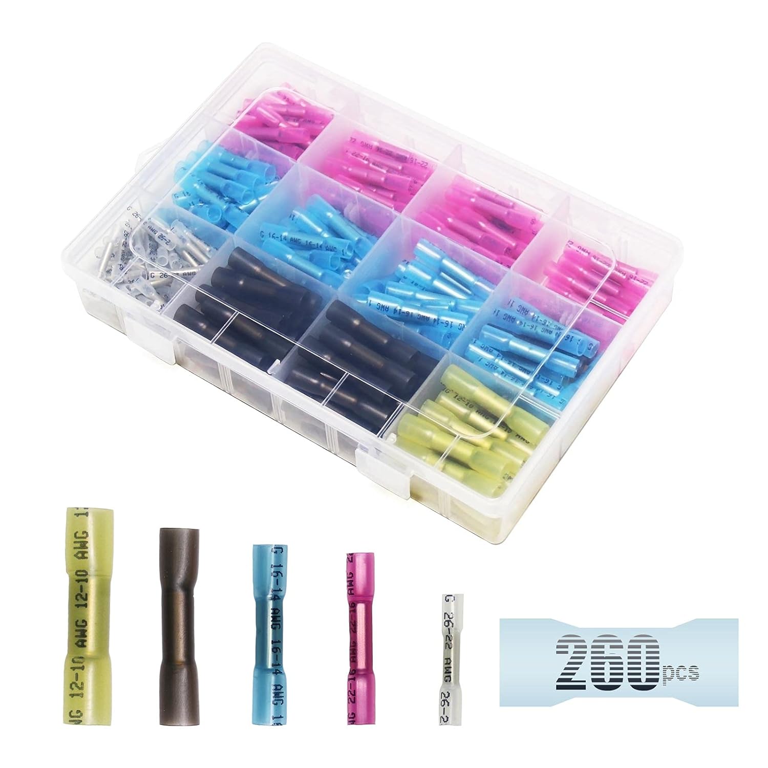 Pastall 260pcs Butt Terminals for Wire Connectors, 10-26AWG Heat Shrink Butt Connectors Kit, 5Colour and 5Size Waterproof Insulated Electrical Straight Wire Terminal Connectors Kit