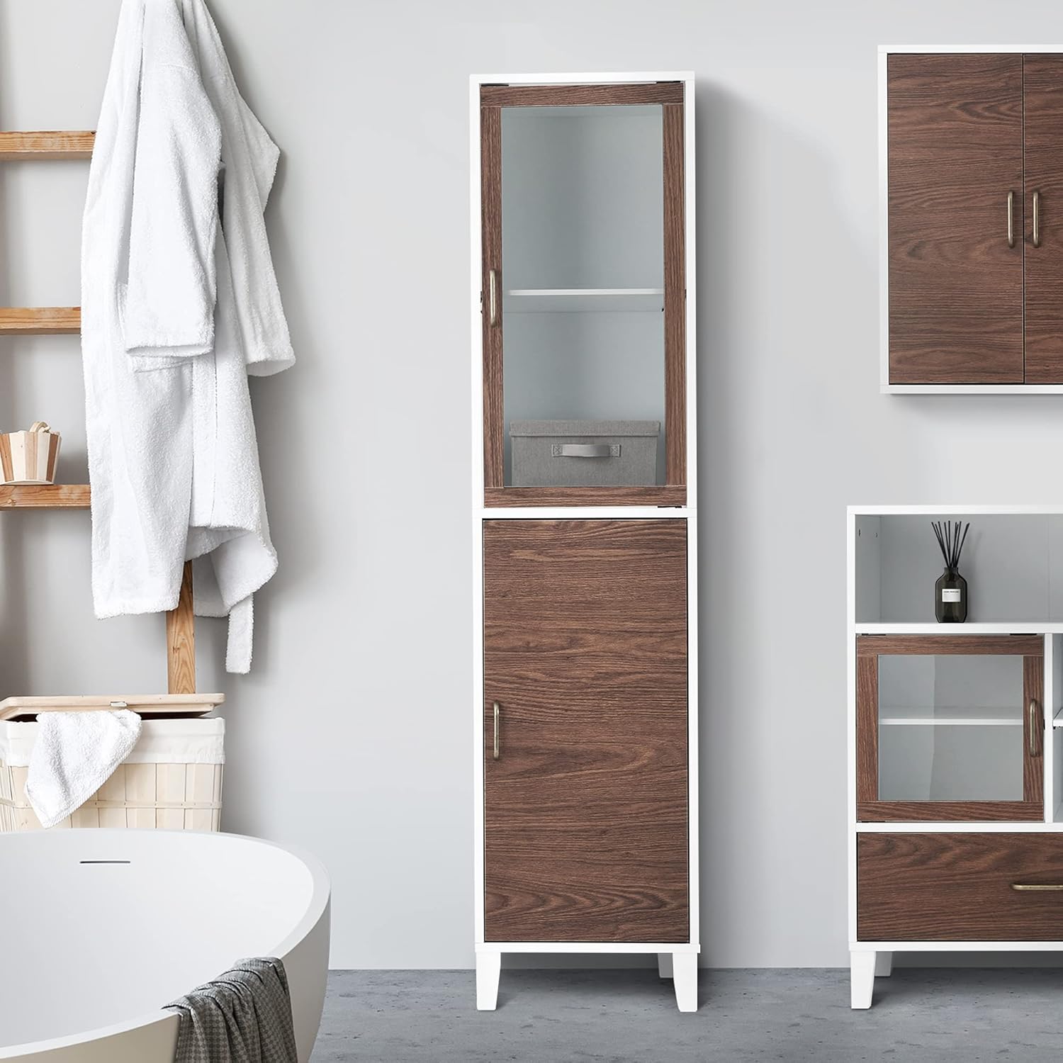 Elegant Home Fashions Tyler Bathroom Linen Cabinet, White/Natural Wood