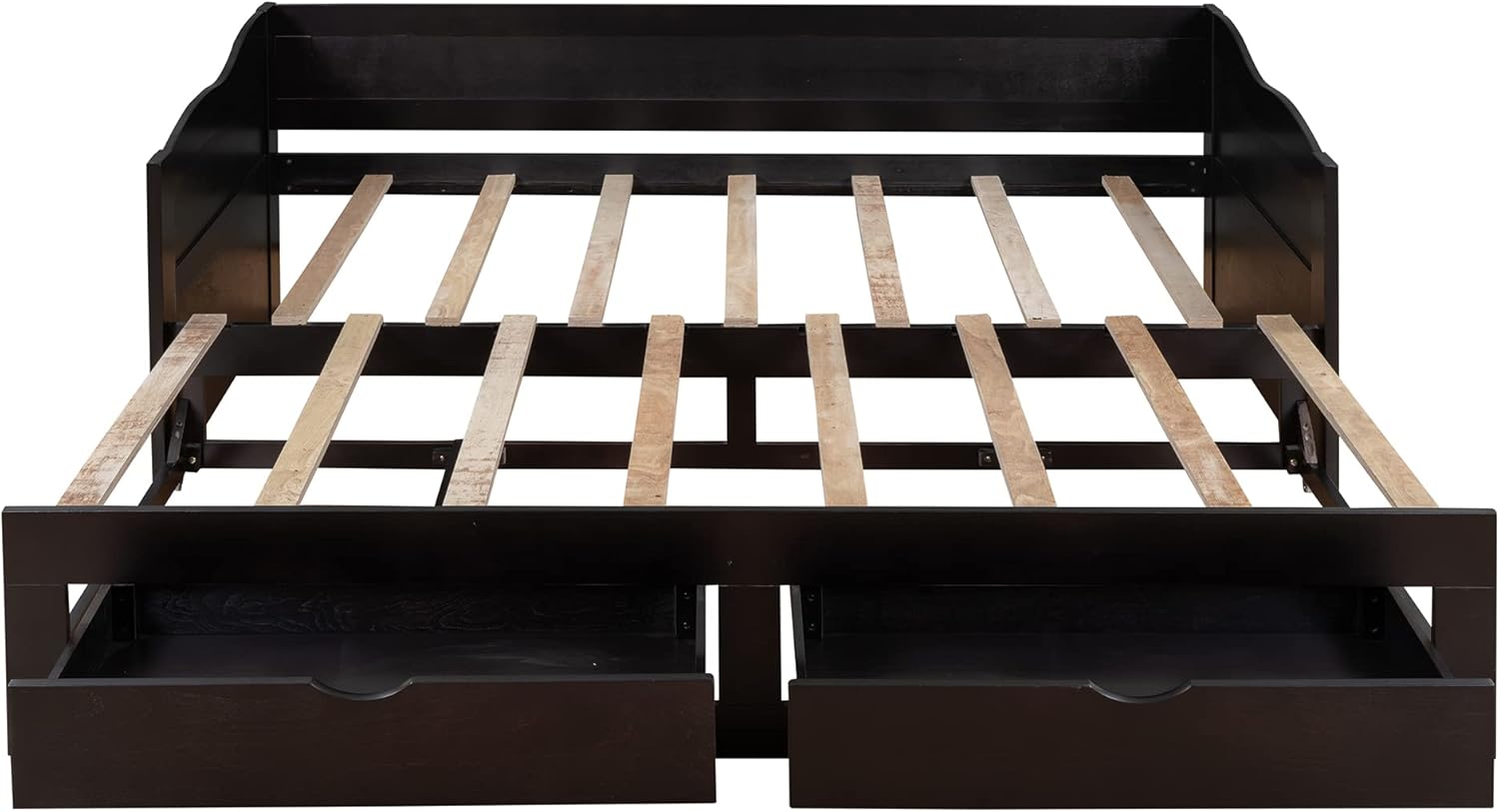 Wood Trundle, Extendable Daybed Twin to King with 2 Storage Drawers, Sofa Bed Frame for Small Space, Bedroom, Living, Guest Room, Espresso