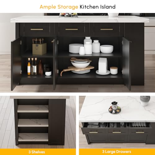 homary 72'' Kitchen Islands with Storage Modern White Kitchen Table with Seating & 3 Drawers Dining Table