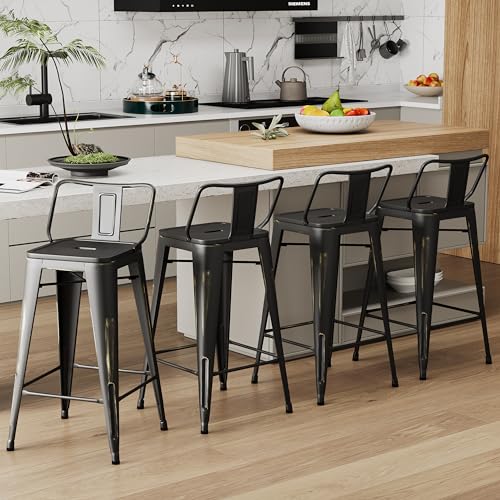 Alunaune 30" Metal Bar Stools Set of 4 Counter Height Barstools Industrial Counter Stool Kitchen Bar Chairs Indoor Outdoor-Low Back, Distressed White