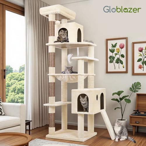 Globlazer Heavy Duty Cat Tree, 70 inch Sturdy Cat Tree for Indoor Cats Extra Large Cat Tower with Scratching Post, Hammock, Cat Condo for Adult Cats Kittens, F70 Pro, Light Grey