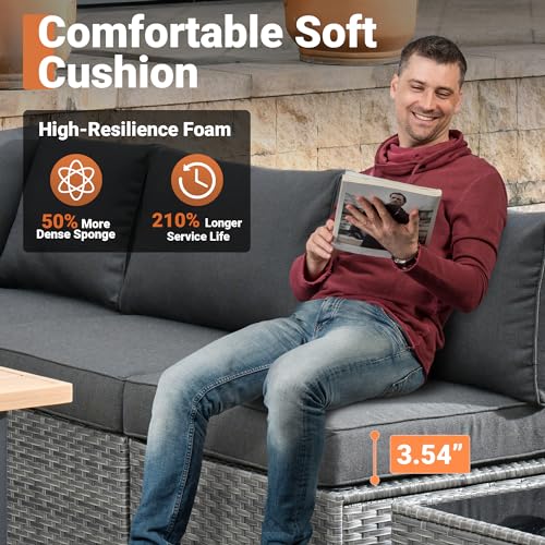 ovios 9 Piece Outdoor Wicker Patio Furniture Set with 50" Fire Table,PE Rattan Conversation Set with Swivel Chair, Sectional Sofa for Outside Balcony Backyard