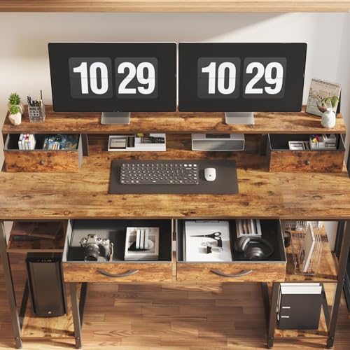 Treesland 55 Inch Computer Desk with Monitor Shelf, 24" Deep, Home Office Desks with Storage, Office Desk with 4 Drawers, Work Desk, Study Writing Desk, Desk with Drawers, Brown