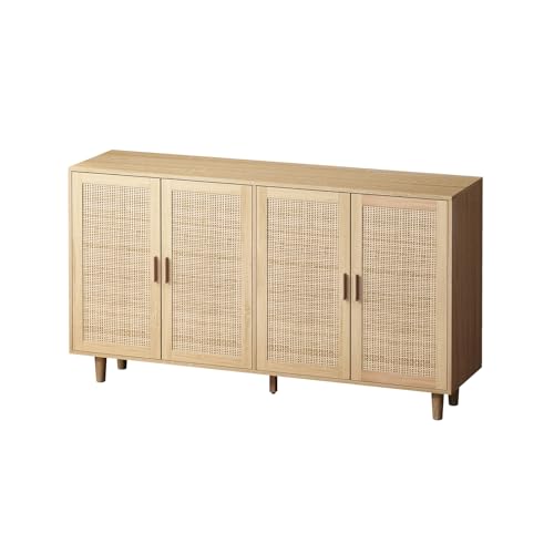 Sideboard Buffet Cabinet with Storage, Storage Cabinet with 4 Rattan Doors, Accent Cabinet with Iron Framework Feet, Sideboard Wooden Console Cabinets for Living Room, Kitchen (Natural)